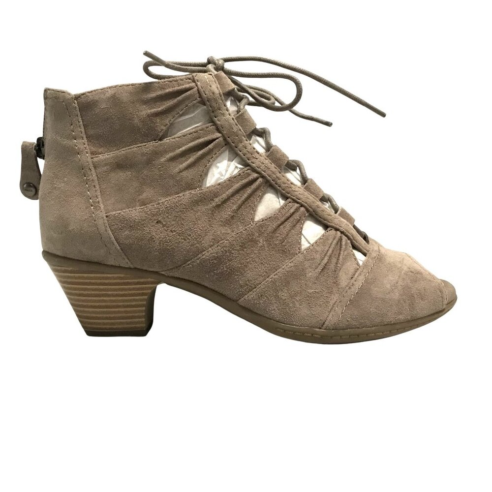 EARTH AURORA Womens 8 Tan Suede Heeled Sandal Peep Toe  Zip Close